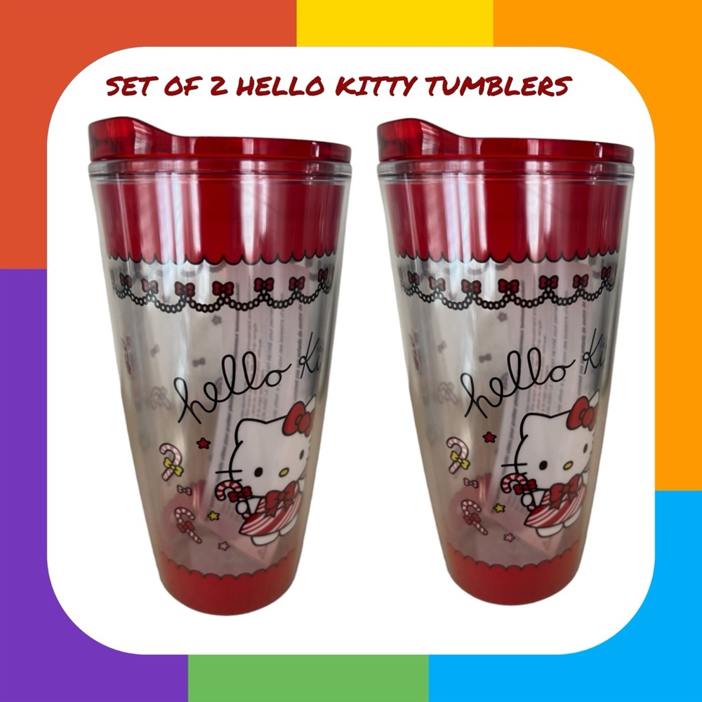 NEW Sanrio Hello Kitty Christmas Travel Tumbler Sliding Lid Candy Cane Set of 2
